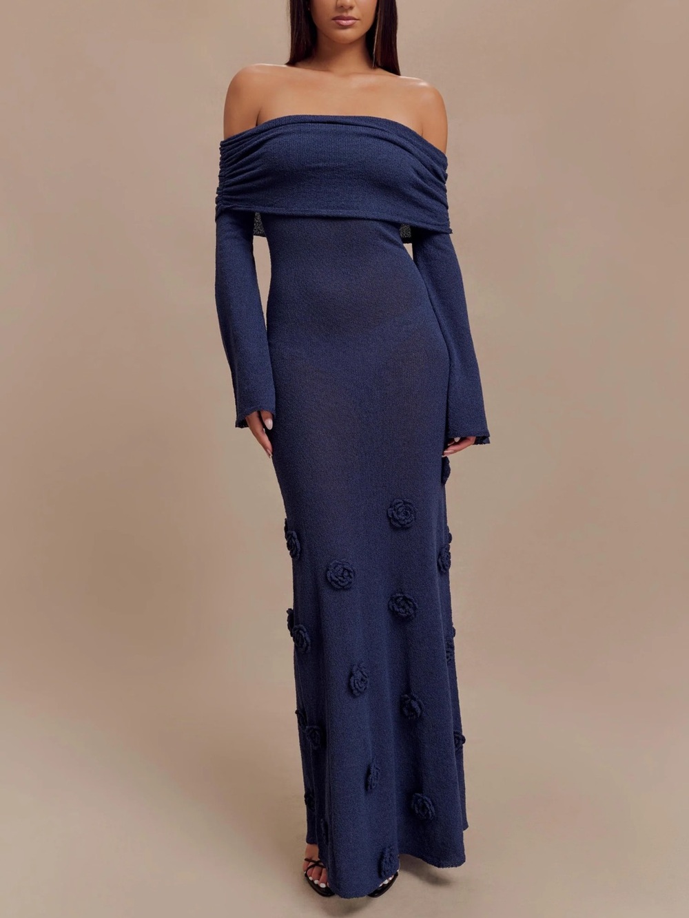 Meshki Kiki Navy Blue Off-Shoulder Maxi Dress with Floral Appliqués